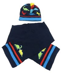 2Set - Tmavomodrá pletená čepice s dinosaury a ostny + šála s pruhy