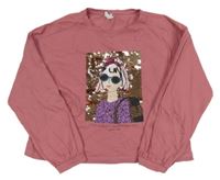 Staroružové crop tričko s dívkou a překlápěcími flitre ZARA