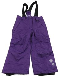 Tmavofialové šusťákové zimní oteplovačky s vločkami a odepínacími kšandami lupilu