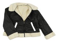 Čierno-smotanová koženkovo/huňatá zateplená crop bunda s golierikom SHEI_N