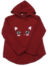 Vínová rebrovaná úpletová tunika s mačičkou a kapucňou