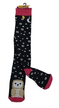 Nové - tmavomodro/růžové teplé podkolenky se sovičkou a vločkami
