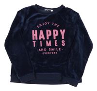 Tmavomodrá plyšová mikina s nápismi H&M