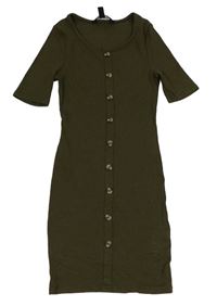 Khaki rebrované elastické šaty s gombíkmi New Look