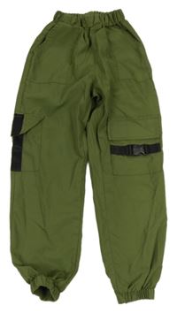 Khaki šusťákové cuff kalhoty s kapsami