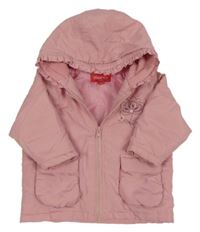 Růžová šusťáková zateplená bunda s květinou a kapucí