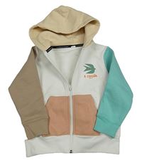 Bielo-tyrkysovo-hnedá prepínaci mikina s potlačou a kapucňou