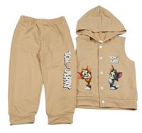 2set - Hnědá propínací vesta s Tomem s Jerrym a kapucí + lehké tepláky