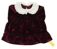 Nové - Vínové zamatové šaty s mašľami a golierikom Shein