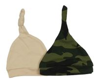 2x bavlněná čepice - army + béžová