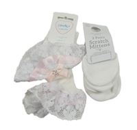 Nové - 4 set - 3x bílé bavlněné rukavice + bílé ponožky s krajkou 