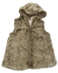 Hnedo-béžová kožušinová podšitá vesta s kapucňou Tu