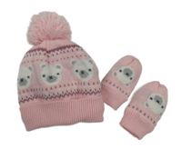 2 set - růžová pletená čepice s medvědy a bambulí + rukavice Nutmeg