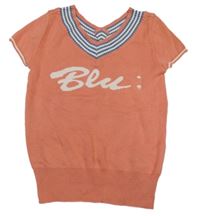 Oranžová pletená vesta s nápisom