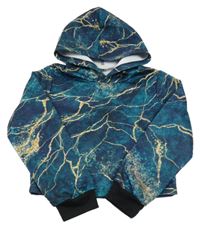 Zeleno-tmavomodro-žltá vzorovaná crop mikina s kapucňou