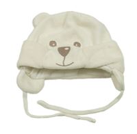 Smetanová fleecová podšitá čepice s medvědem 