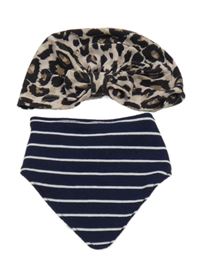 2 set - růžovo-hnědá turbanová čepice + tmavomodrý pruhovaný slinták 