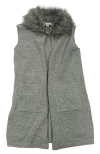 Sivý melírovaný úpletový cardigan s kožešinou Primark