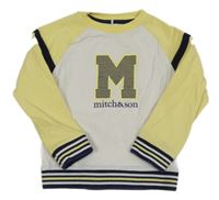 Bielo-žlto-modrá mikina s písmenem a logom Mitch&Son