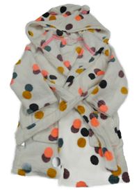 Bílo-šedo-hořčicovo-růžový puntíkatý plyšový župan s kapucí HEMA