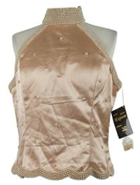 Nové - Dámsky svetloružový spoločenský saténový crop top s perličkami Expose