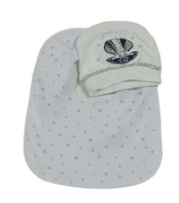 2set- bílá čepice s obrázkem s kamínky+ bílý bryndák se sdíčky