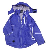 Fialovomodrá nepromokavá jarná bunda s nápisom a kapucňou