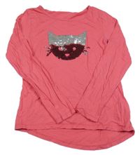 Růžové triko s kočkou z překlápěcích flitrů