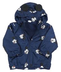Tmavomodrá šusťáková lehce zateplená bunda s Mickey Mousem a kapucí H&M