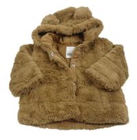 Hnědý chlupatý podšitý kabátek s kapucňou Primark