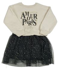 Béžovo-tmavošedé teplákovo/tylové šaty s nápisem Matalan