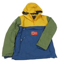 Žluto-tmavomodrá šusťáková zateplená funkční bunda s khaki rukávy a kapucí Trollkids