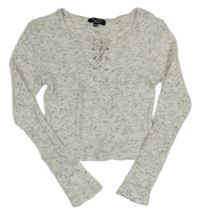 Bielo-sivý melírovaný rebrovaný crop sveter New Look