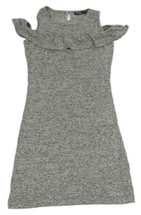 Sivé melírované svetrové šaty s volnými rameny a volánikmi Pepperts