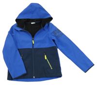 Tmavomodro-safírová softshellová bunda s nápisem a kapucí 