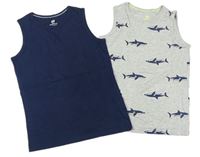 2x - Nátělník - Tmavomodrý, šedý melírovaný so žralokmi H&M