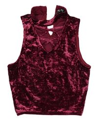 Vínový lesklý strapy zamatový crop top New Look