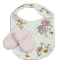 Nový - 2Set - Biely podbradník s kvietkami F&F + světlerůžové pletené rukavice