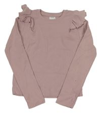 Pudrové žebrované crop triko s volánky ZARA