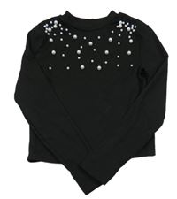 Čierne rebrované crop tričko s perlami SHEIN