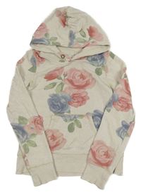Svetlobéžová melírovaná mikina s růžemi a vreckom a kapucňou H&M