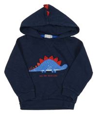 Tmavomodrá melírovaná mikina s dinosaurom a vreckom a kapucňou s ostny PRIMARK