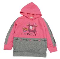 Kriklavoě ružovo-šedá/melírovaná mikina s nápismi a srdíčkem z překlápěcích flitrů a kapucňou