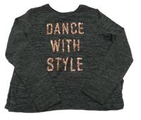 Tmavošedo-černé melírované úpletové mikinotriko s nápisy z flitrů a šnurovaním C&A