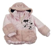 Světlerůžová šusťáková přechodová bunda s Minnie a kožešinou a kapucí