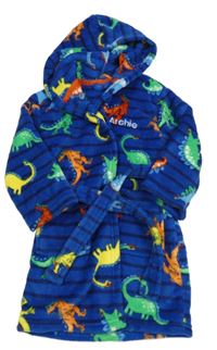 Safírovo-tmavomodrý pruhovaný plyšový župan s barevnými dinosaury a kapucí