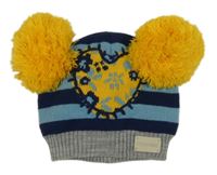 Modro-tmavomodro-šedá pruhovaná pletená čepice se srdíčkem a bambulemi BLADE&ROSE