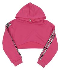 Tmavoružová crop mikina s pruhmi s nápismi a sluníčky a kapucňou SHEIN