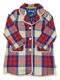 Smetanovo-červeno-safírový kostkovaný podšitý kabát s límečkem Mothercare