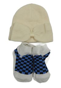 2set - Smotanová čapica s mašlí + modro-čierno-biele kockované ponožky